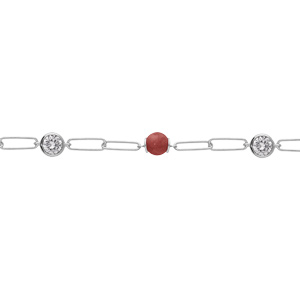 Bracelet en argent rhodi mailles rectangulaires avec perles rouges et oxydes blancs 16+3cm - Vue 1