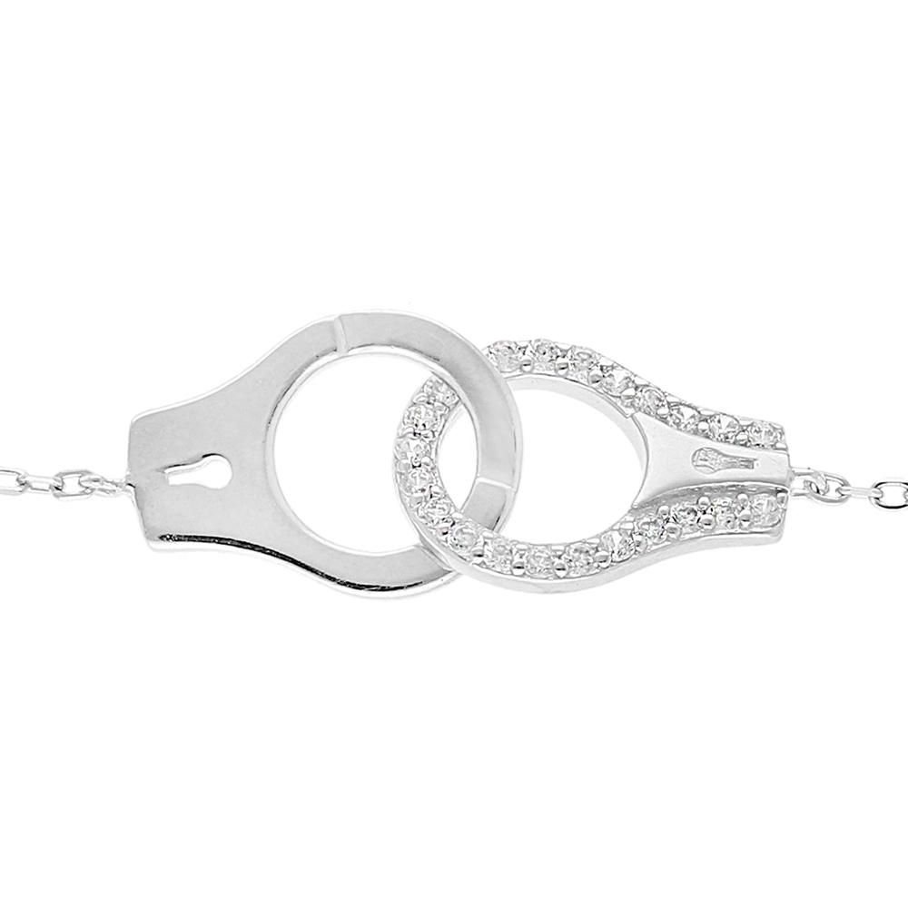 Bracelet en argent rhodi� massif cha�ne avec menottes et oxydes blancs 16+3cm - Vue 1