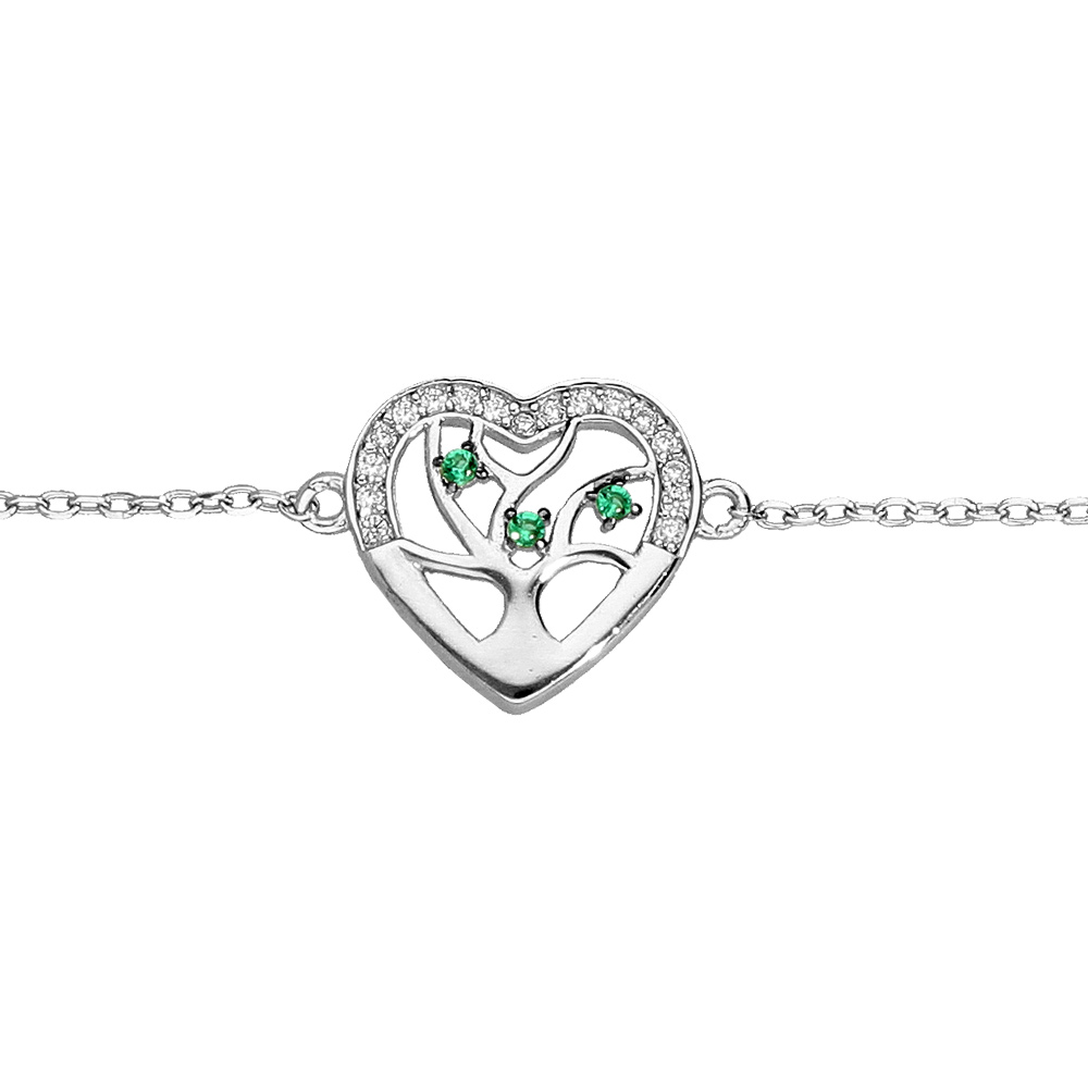 Bracelet en argent rhodi� massif cha�ne avec pastille coeur et arbre de vie avec pierres vertes 16+3cm - Vue 1