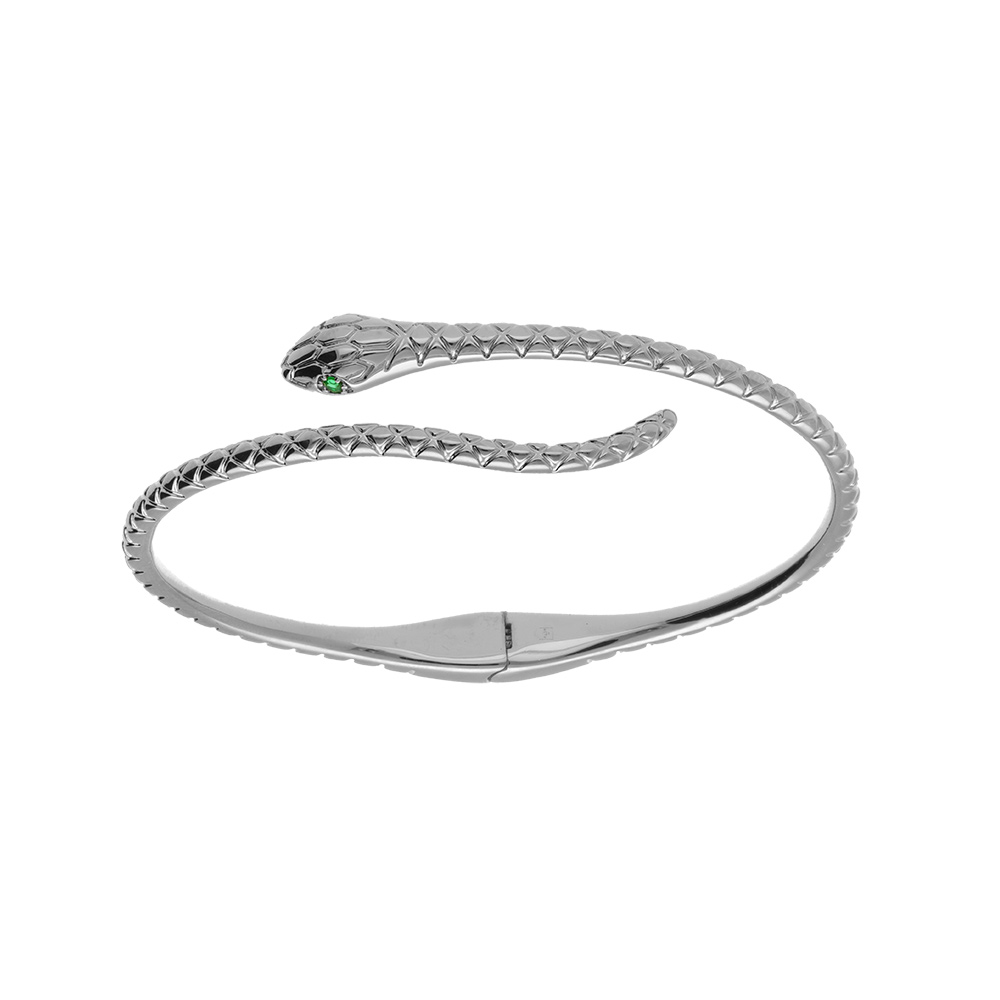 Bracelet en argent rhodi� massif, serpent articul� avec oxydes blancs et yeux oxydes verts 60mm - Vue 1