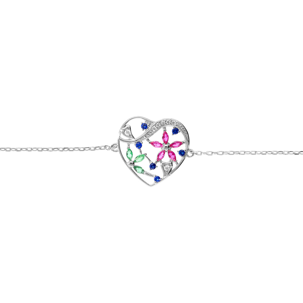 Bracelet en argent rhodi� motif coeur avec fleurs d\'oxydes multi couleurs - 16+3cm - Vue 1