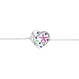 Bracelet en argent rhodié motif coeur avec fleurs d\'oxydes multi couleurs - 16+3cm - Vue 1