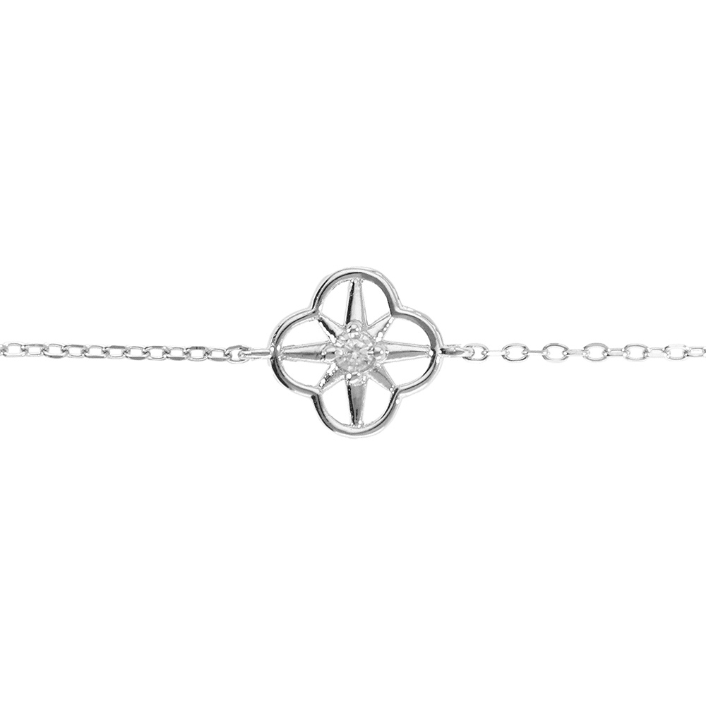 Bracelet en argent rhodi� motif fleur avec un oyyde blanc central serti  - 16+2cm - Vue 1