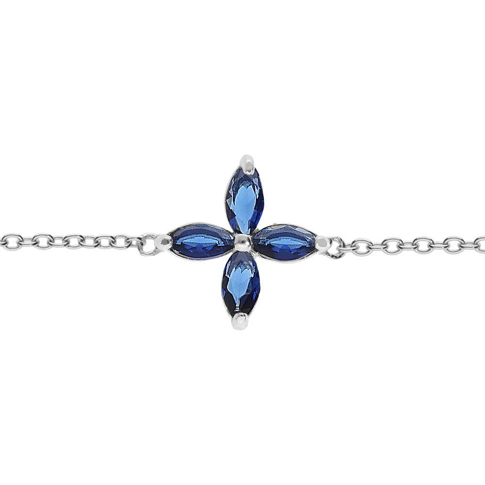 Bracelet en argent rhodi, motif fleur verre bleu fonc 16+2cm - Vue 1