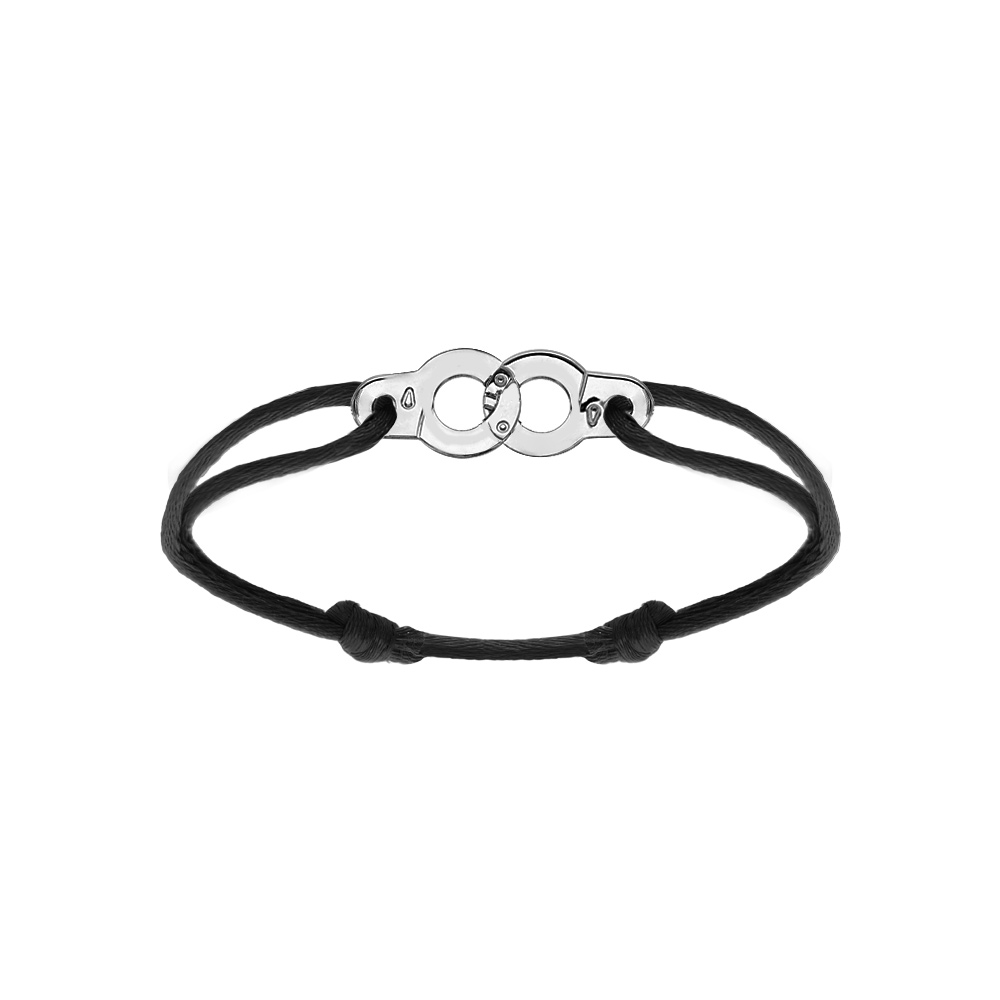 Bracelet en argent rhodi motif menotte avec cordon coulissant noir - Vue 1