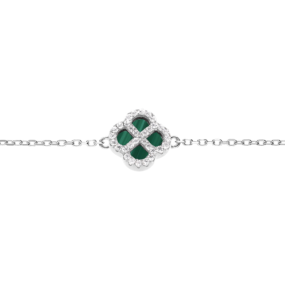 Bracelet en argent rhodi motif trfle malachite vritable, contour oxydes blancs 16+3cm - Vue 1