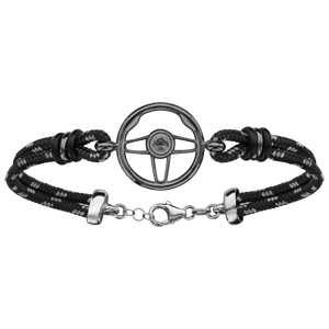 Bracelet en argent rhodié noir cordon doublé noir finement moucheté gris avec volant de voiture au milieu - longueur 18cm + 4cm de rallonge - Vue 1