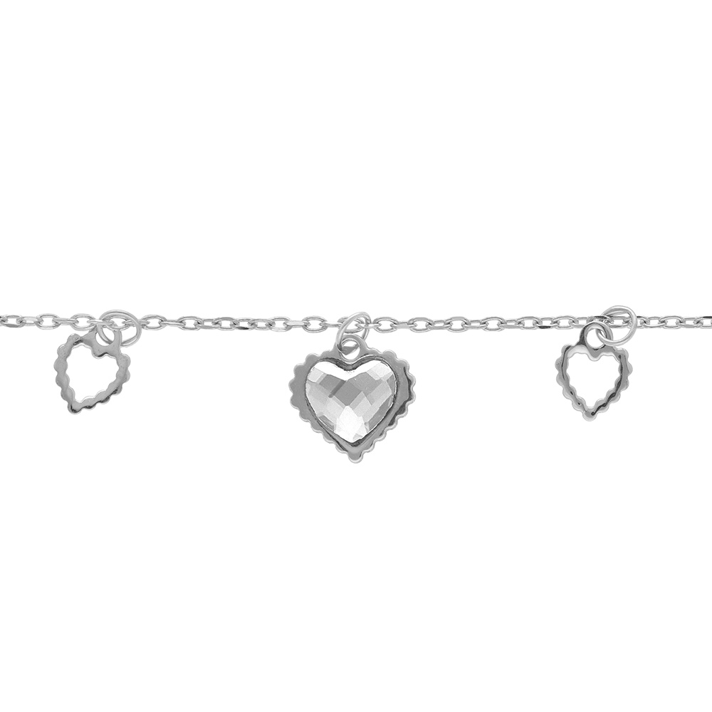 Bracelet en argent rhodi� pampille coeurs ajour�s et un oxyde blanc - 15+3cm - Vue 1