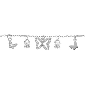 Bracelet en argent rhodi� pampilles papillons et oxydes blancs sertis - 15+3cm