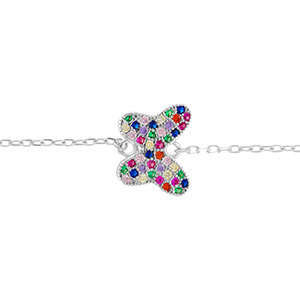 Bracelet en argent rhodi� papillon avec oxydes multi couleurs sertis - 15+3cm