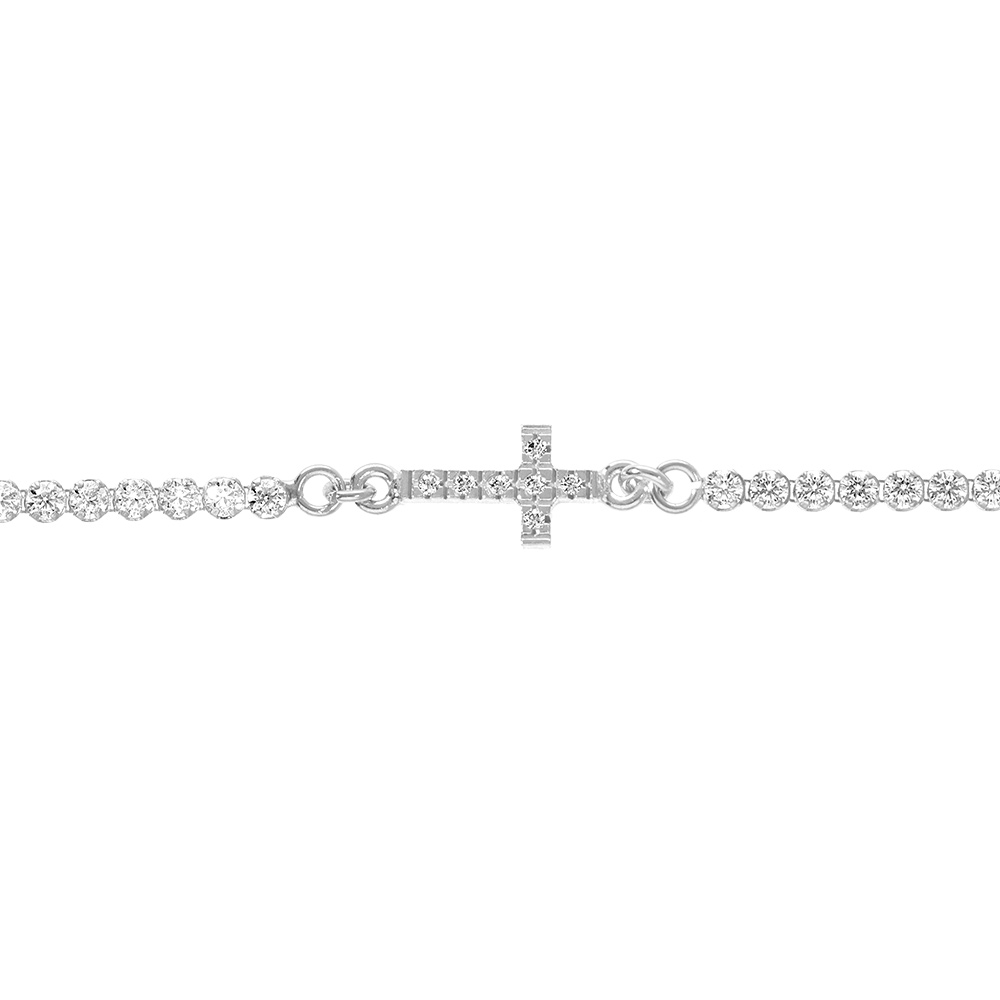 Bracelet en argent rhodi� par� d\'oxydes blancs sertis tennis avec croix  - 16+3cm - Vue 1