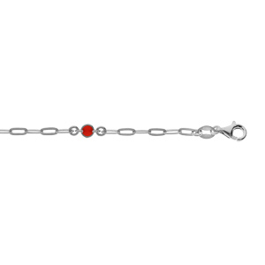 Bracelet en argent rhodi petite maille rectangulaire et perle rouge 16+3cm - Vue 1