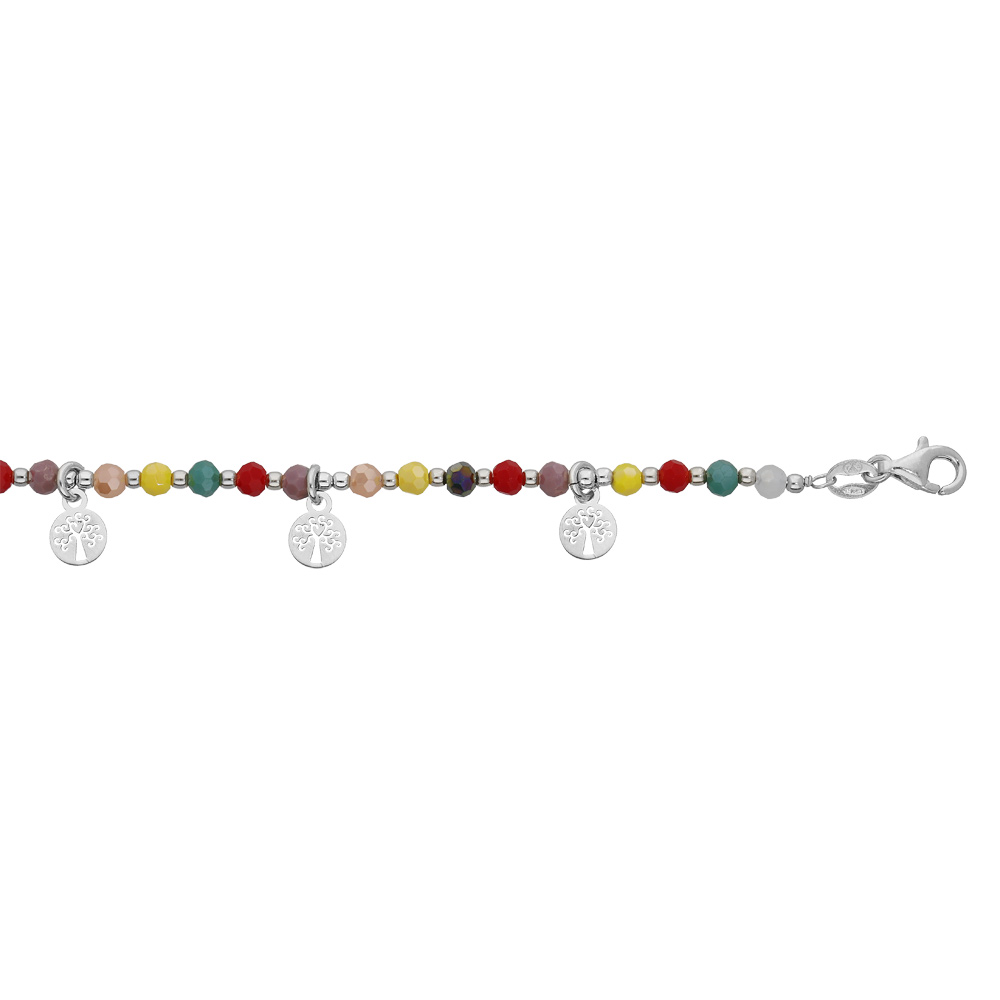 Bracelet en argent rhodi� rang�e de pierres facet�es multi couleurs et pampilles arbre de vie 16+3cm - Vue 1