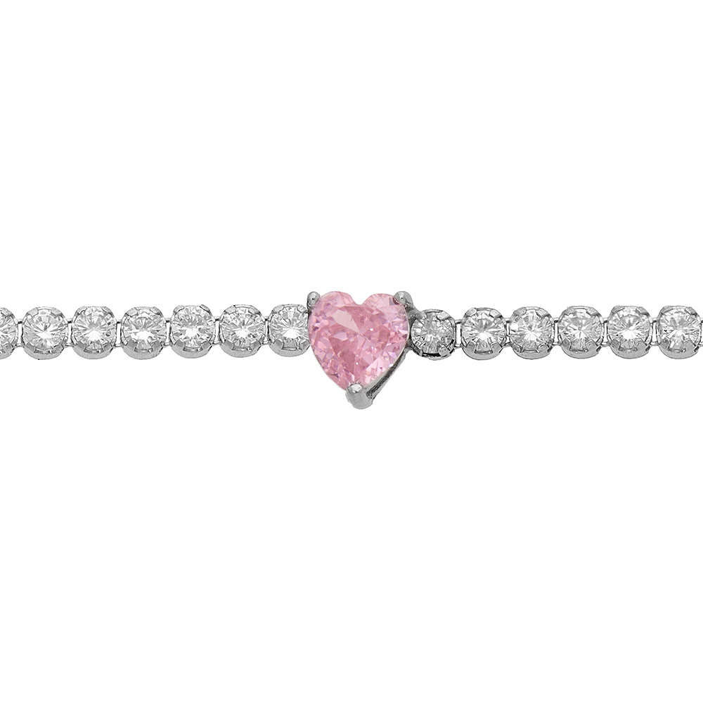 Bracelet en argent rhodi� rivi�re d\'oxydes blancs et coeur au centre en oxyde rose 16+3cm - Vue 1