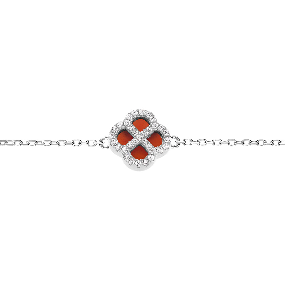 Bracelet en argent rhodi trfle agate rouge avec contour d\'oxydes blancs 16+3cm - Vue 1