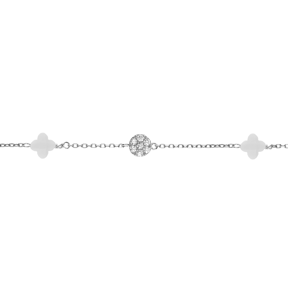Bracelet en argent rhodi� tr�fle en verre blanc et fleurs oxydes blancs 15.5+2.5cm - Vue 1