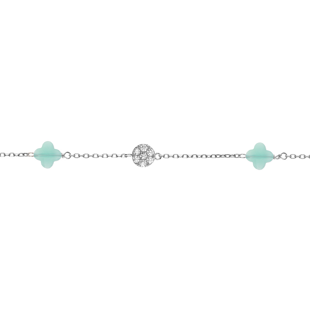 Bracelet en argent rhodi� tr�fle en verre bleu glacial et fleurs oxydes blancs 15.5+2.5cm - Vue 1