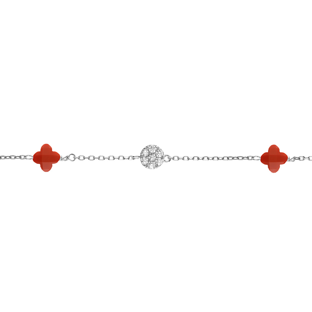 Bracelet en argent rhodi� tr�fle en verre corail et pastille d\'oxydes blancs 15.5+2.5cm - Vue 1