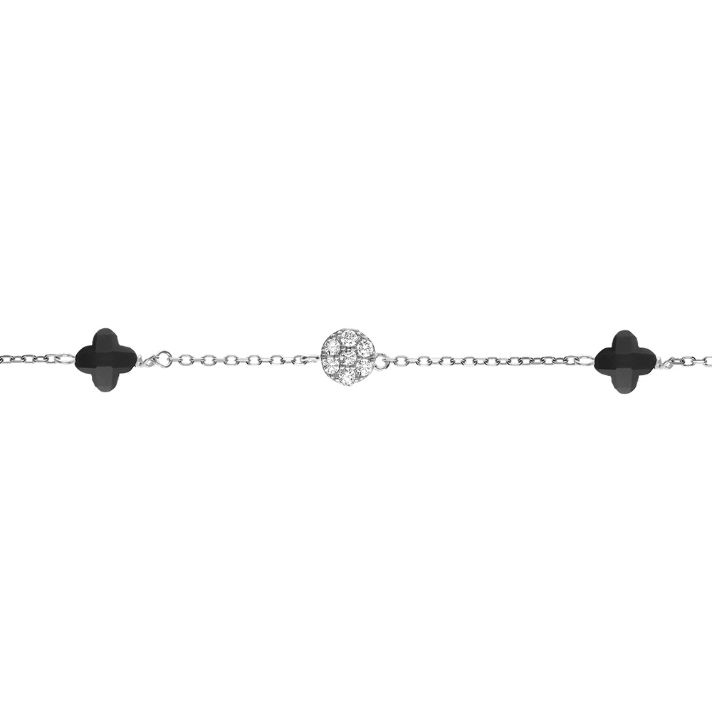 Bracelet en argent rhodi� tr�fle en verre noir et fleurs d\'oxydes blancs 15.5+2.5cm - Vue 1