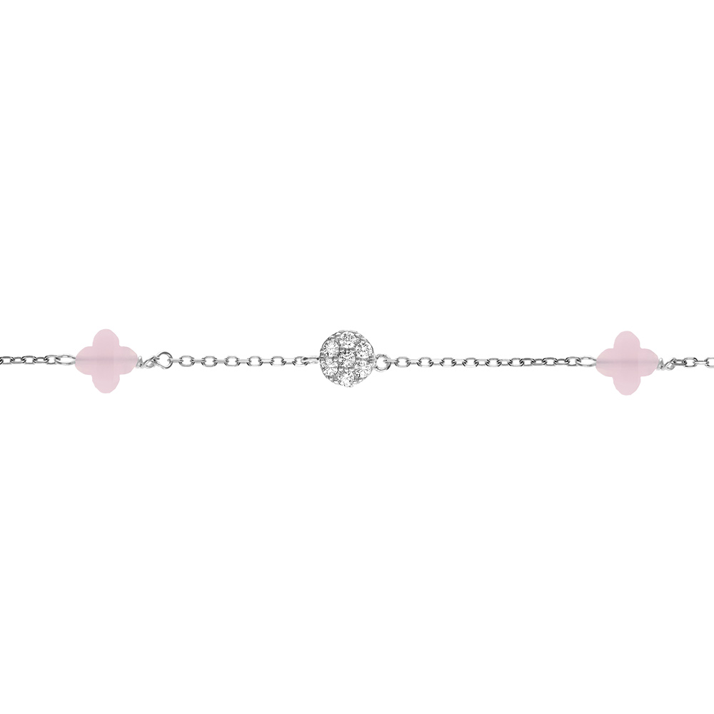 Bracelet en argent rhodi� tr�fle en verre rose et fleurs d\'oxydes blancs 15.5+2.5cm - Vue 1