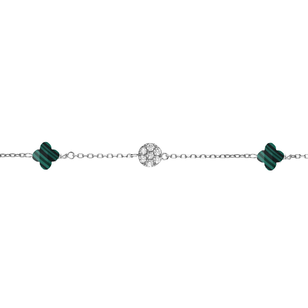 Bracelet en argent rhodi� tr�fle en verre vert malachite imitation et fleurs oxydes blancs 15.5+2.5cm - Vue 1