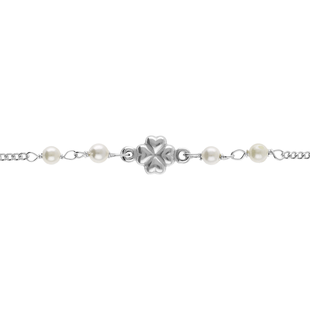 Bracelet en argent rhodi� tr�fle et perle blanche imitation diamant�es - 16+3cm - Vue 1