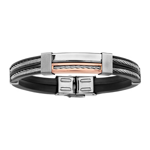 Bracelet en caoutchouc avec 2 cbles en acier et lment en PVD rose - Vue 1