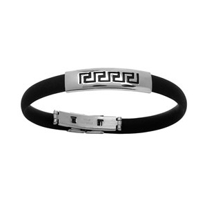 Bracelet en caoutchouc avec partie en acier avec méandres grecs gravés en noir au milieu - Vue 1