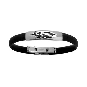 Bracelet en caoutchouc avec partie en acier avec motif tribal gravé en noir au milieu - Vue 1