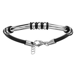 Bracelet en caoutchouc avec 2 tubes et billes en acier lisse - longueur 19cm + 2cm de rallonge - Vue 1