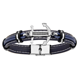Bracelet en cuir bleu marine avec ancre de marine en acier orne d\'1 cble au centre - longueur 21cm - Vue 1