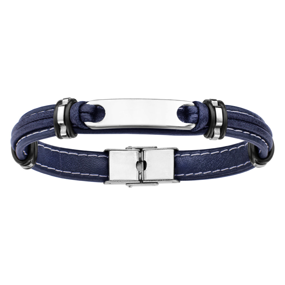 Bracelet en cuir bleu marine avec plaque allong�e en acier - longueur 21cm r�glable - Vue 1