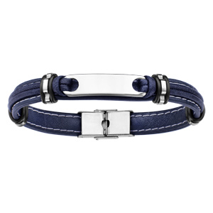 Bracelet en cuir bleu marine avec plaque allonge en acier - longueur 21cm rglable - Vue 1