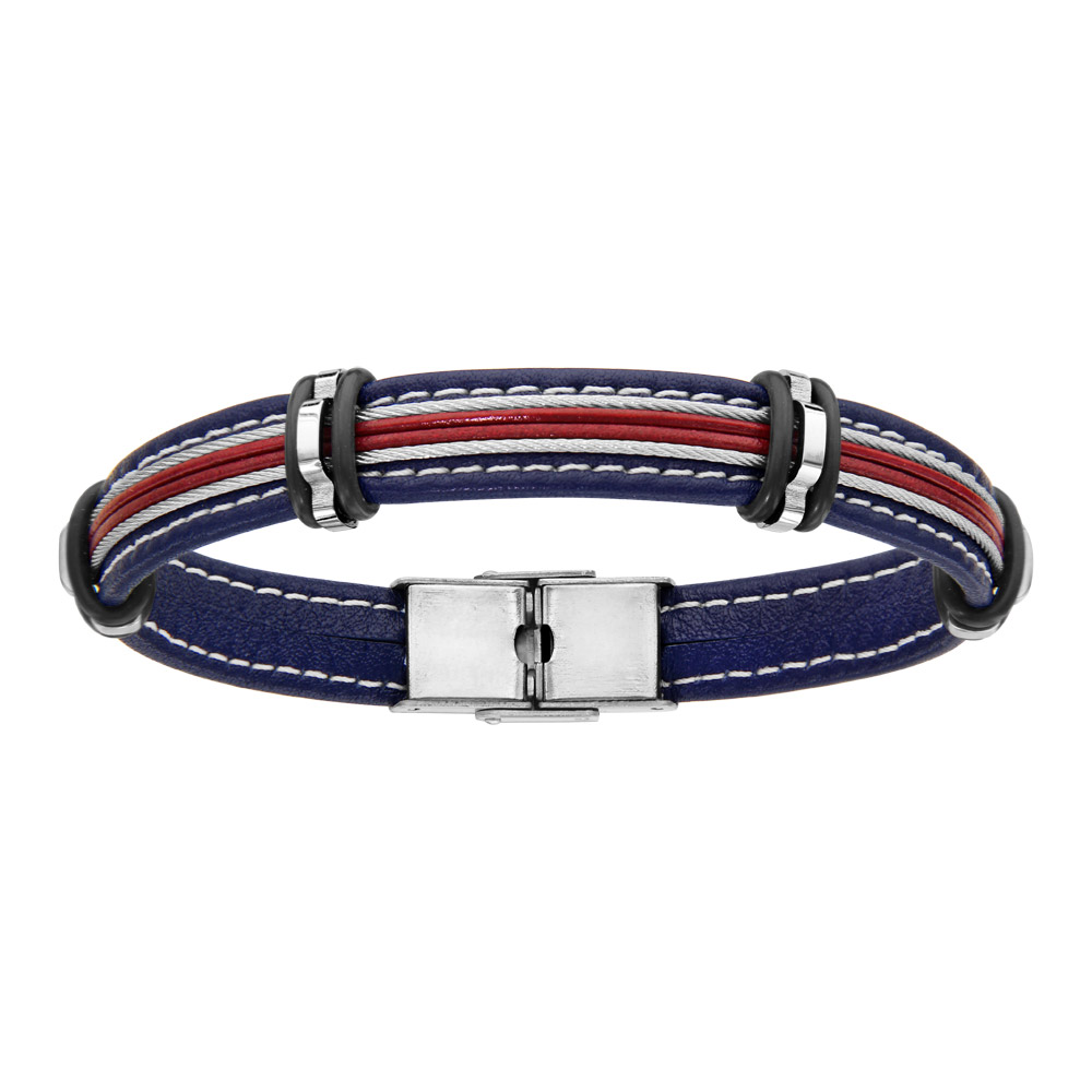 Bracelet en cuir bleu marine et 2 brins rouges au milieu entour�s de 2 c�bles en acier gris - longueur 20cm - Vue 1
