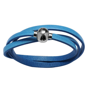 Bracelet en cuir bleu turquoise lacet qui fait plusieurs tours et fermoir boule en acier aimant�e