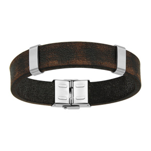 Bracelet en cuir de buffle marron aspect vieilli avec éléments et fermoir en acier - longueur 20cm - Vue 1