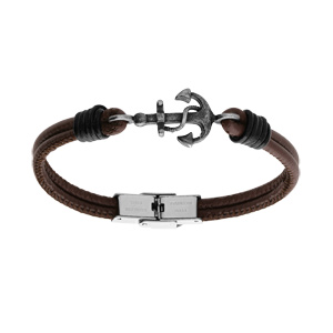 Bracelet en cuir marron avec ancre acier 21cm fermoir acier - Vue 1