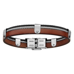 Bracelet en cuir marron avec 1 cble en acier gris et 1 noir - longueur 20cm - Vue 1