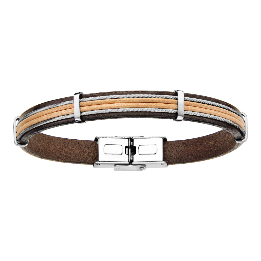 Bracelet en cuir marron avec 2 c�bles en acier gris et 2 fils clairs au milieu - longueur 20cm - Vue 1