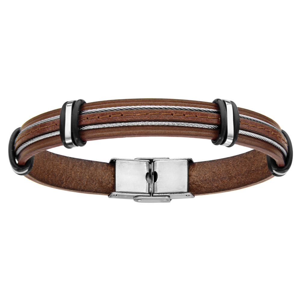 Bracelet en cuir marron avec 2 c�bles en acier gris vers le milieu - longueur 20cm - Vue 1