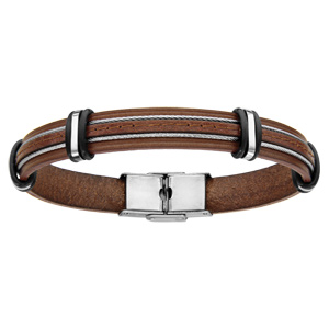 Bracelet en cuir marron avec 2 cbles en acier gris vers le milieu - longueur 20cm - Vue 1
