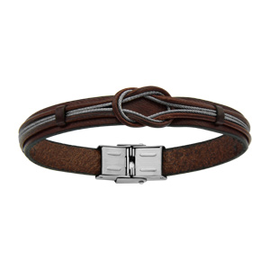 Bracelet en cuir marron avec petit cble en acier formant un noeud - longueur 20cm - Vue 1