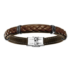 Bracelet en cuir marron avec tresse et lments en acier - longueur 20cm rglable - Vue 1