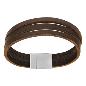 Bracelet en cuir marron 3 brins plats et fermoir en acier aimanté - longueur 19,5cm - Vue 1