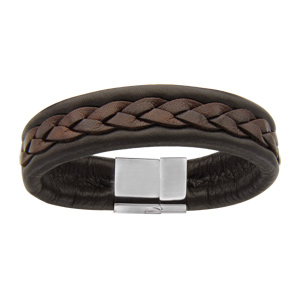 Bracelet en cuir marron large avec tress au dessus et fermoir en acier - longueur 21,5cm - Vue 1