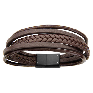 Bracelet en cuir marron plusieurs fils dont 1 tress, 2 ronds et 2 plats et acier - longueur 20cm - Vue 1