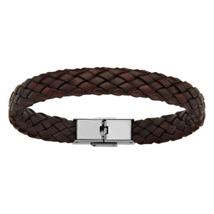 Bracelet en cuir marron tressage large - longueur 20,5cm rglable - Vue 1