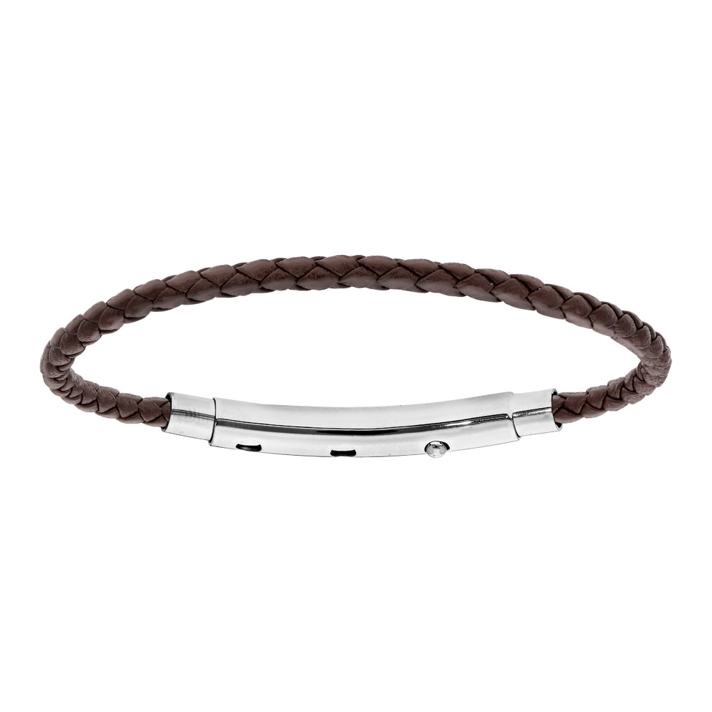 Bracelet en cuir marron tress� pour charms m�dium homme et fermoir t�lescopique longueur 18cm - r�glable 17 et 16cm - Vue 1