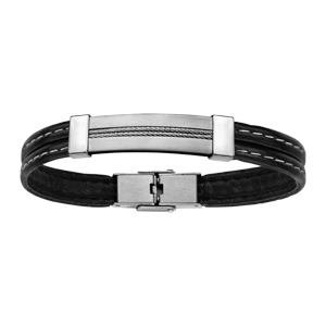 Bracelet en cuir noir avec coutures et plaque d\'identit en acier agrmente de 2 cbles - longueur 20cm rglable - Vue 1