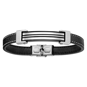 Bracelet en cuir noir avec coutures et plaque en acier orne de lignes noires au milieu - longueur 21,5cm rglable - Vue 1